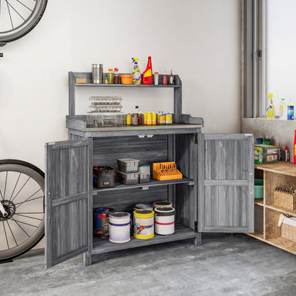 Wooden Potting Bench Table with Aluminium Worktop and Top Shelf