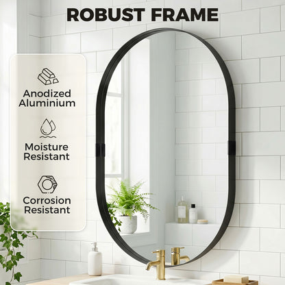 Wall Mirror with Elevated Aluminium Alloy Frame, 60 x 90 cm Bathroom Mirror with Tempered Glass for Living Room, Bedroom, Hallway, Black