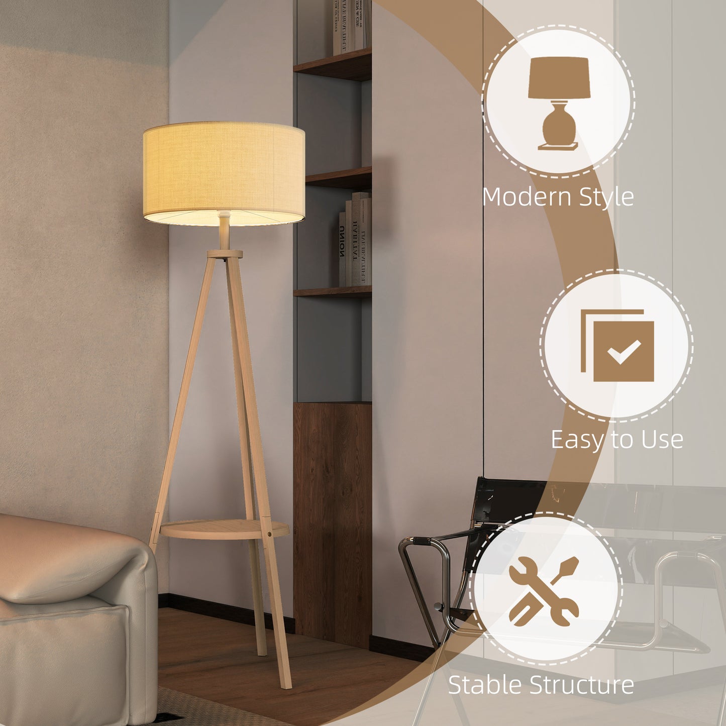 Bedside Light with Storage Shelf and Linen Shade, Natural
