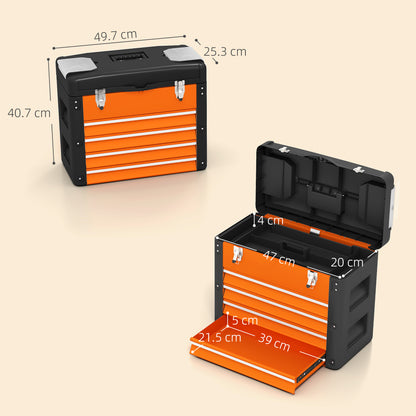 4 Drawers Large Tool Box, Steel Toolbox with Handle, Orange