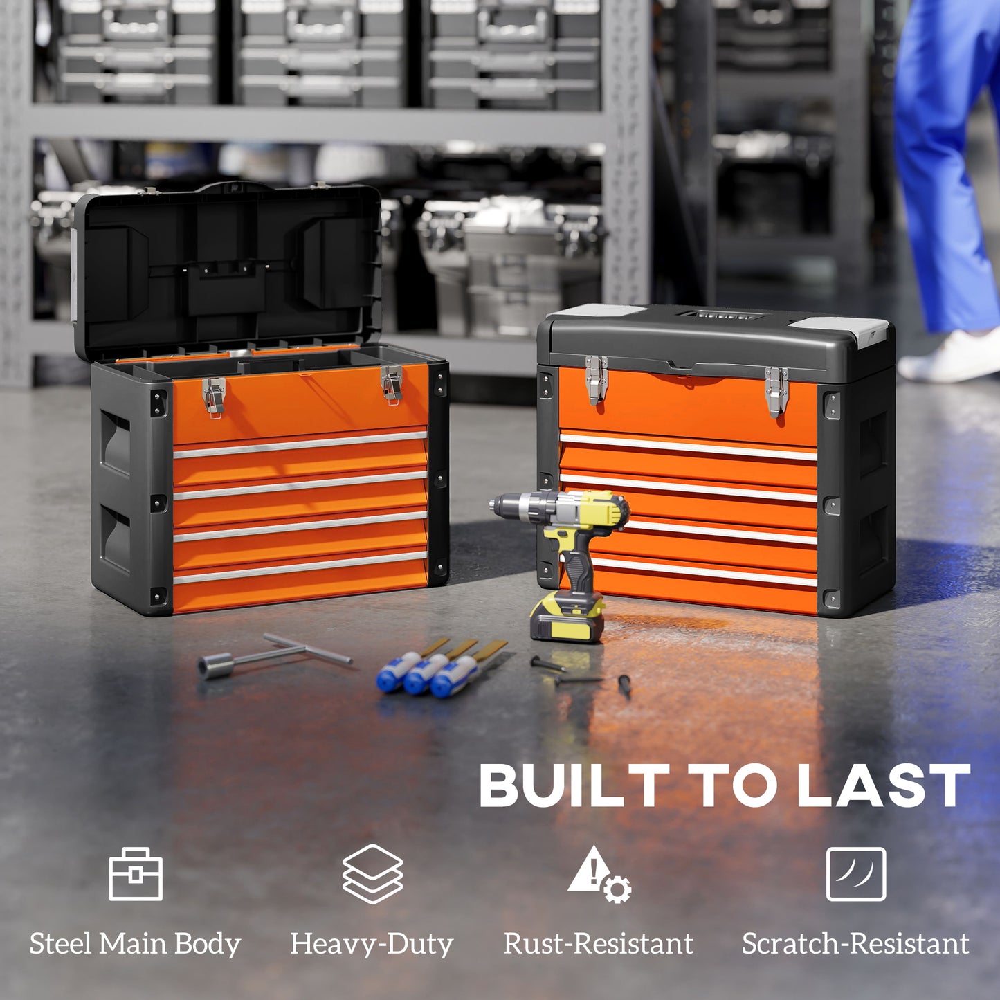 4 Drawers Large Tool Box, Steel Toolbox with Handle, Orange