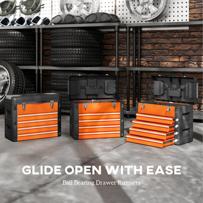 4 Drawers Large Tool Box, Steel Toolbox with Handle, Orange