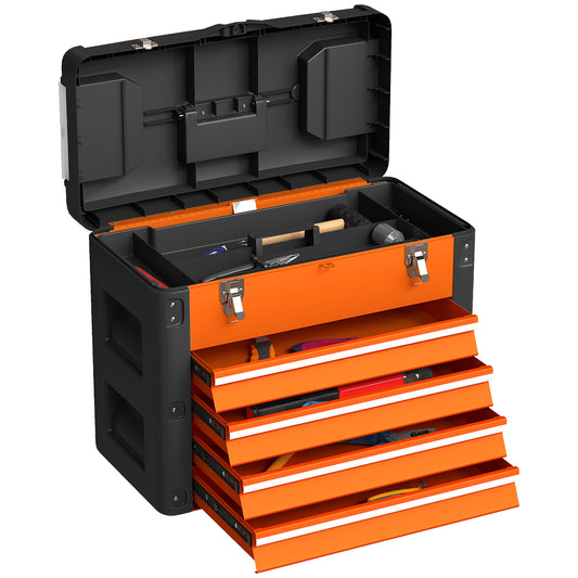 4 Drawers Large Tool Box, Steel Toolbox with Handle, Orange