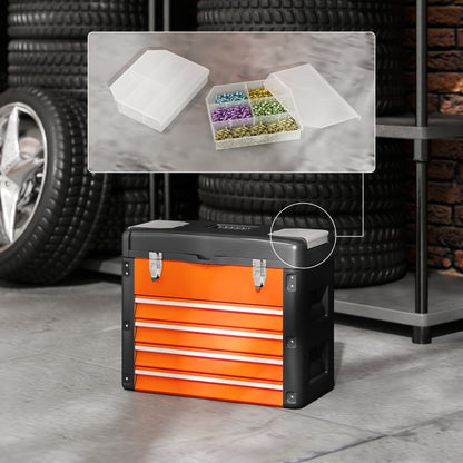 4 Drawers Large Tool Box, Steel Toolbox with Handle, Orange