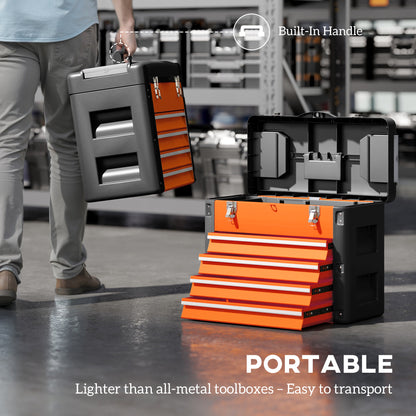 4 Drawers Large Tool Box, Steel Toolbox with Handle, Orange