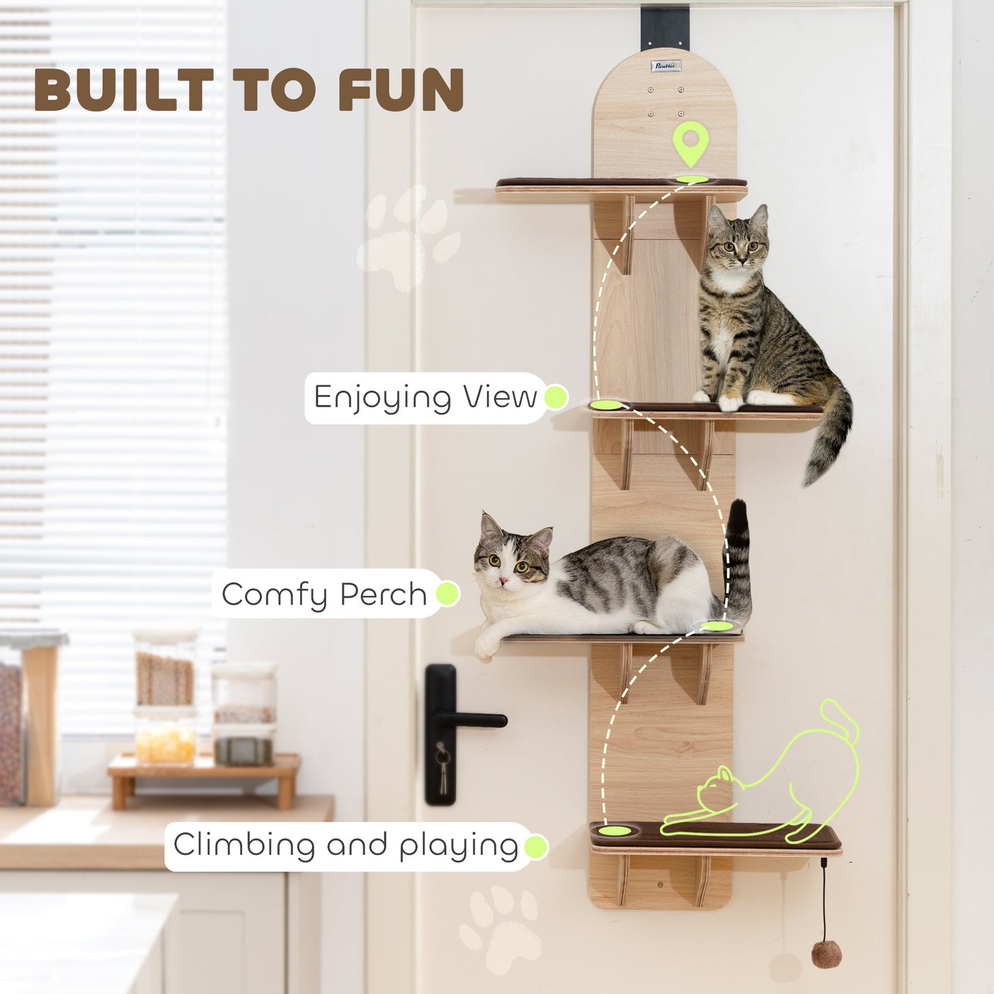 4-Level Cat Tree Door Mounted with Washable Plush Pads, Toy Ball