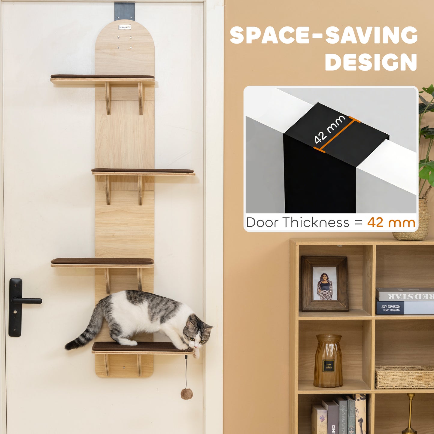 4-Level Cat Tree Door Mounted with Washable Plush Pads, Toy Ball