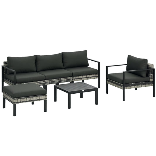 6 PCs Rattan Garden Furniture Set with Table, Cushion, Charcoal Grey