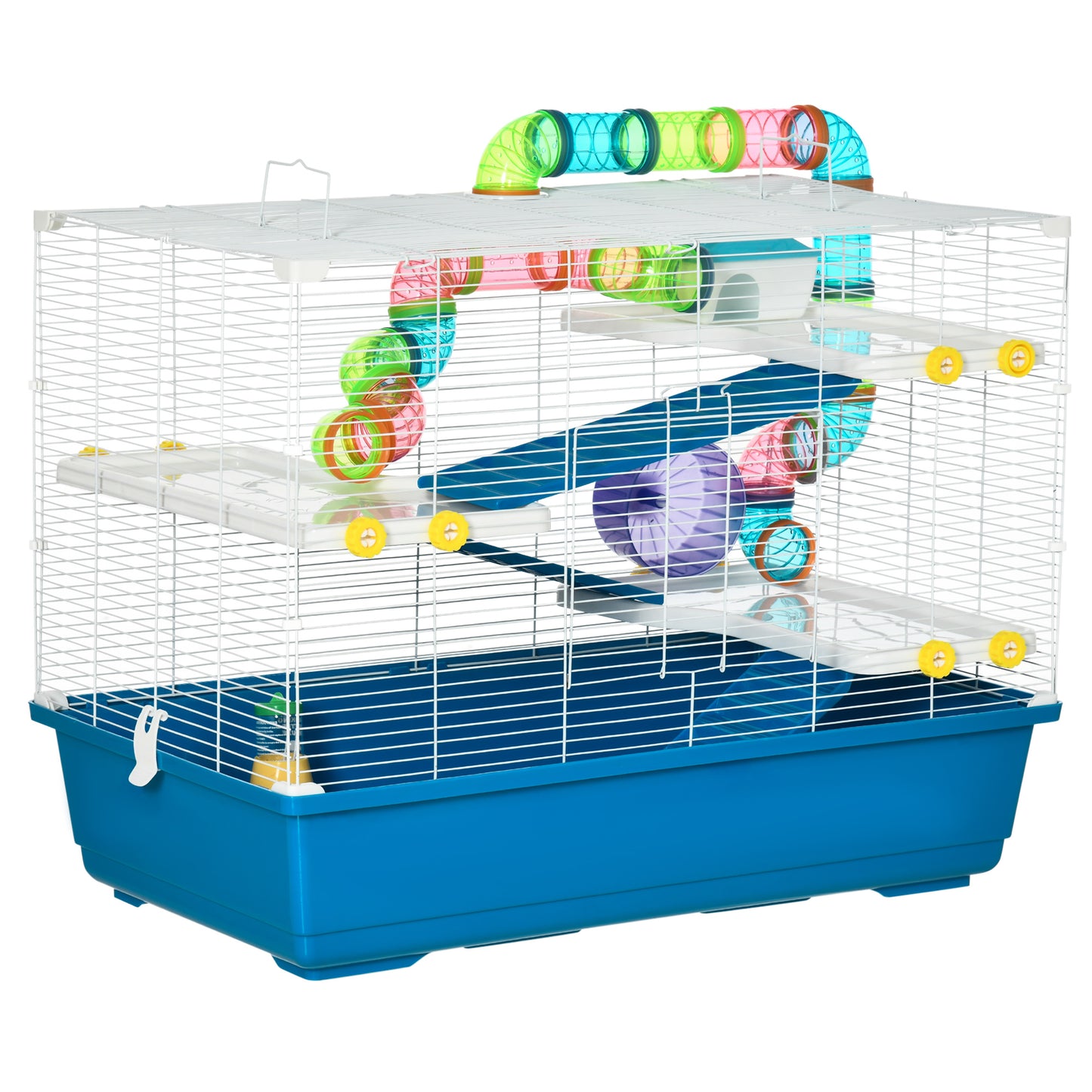 Large Hamster Cage, Multi-storey Gerbil Haven, Small Rodent House, Tunnel Tube System, with Water Bottle, Exercise Wheel, Food Dish,Ramps Blue