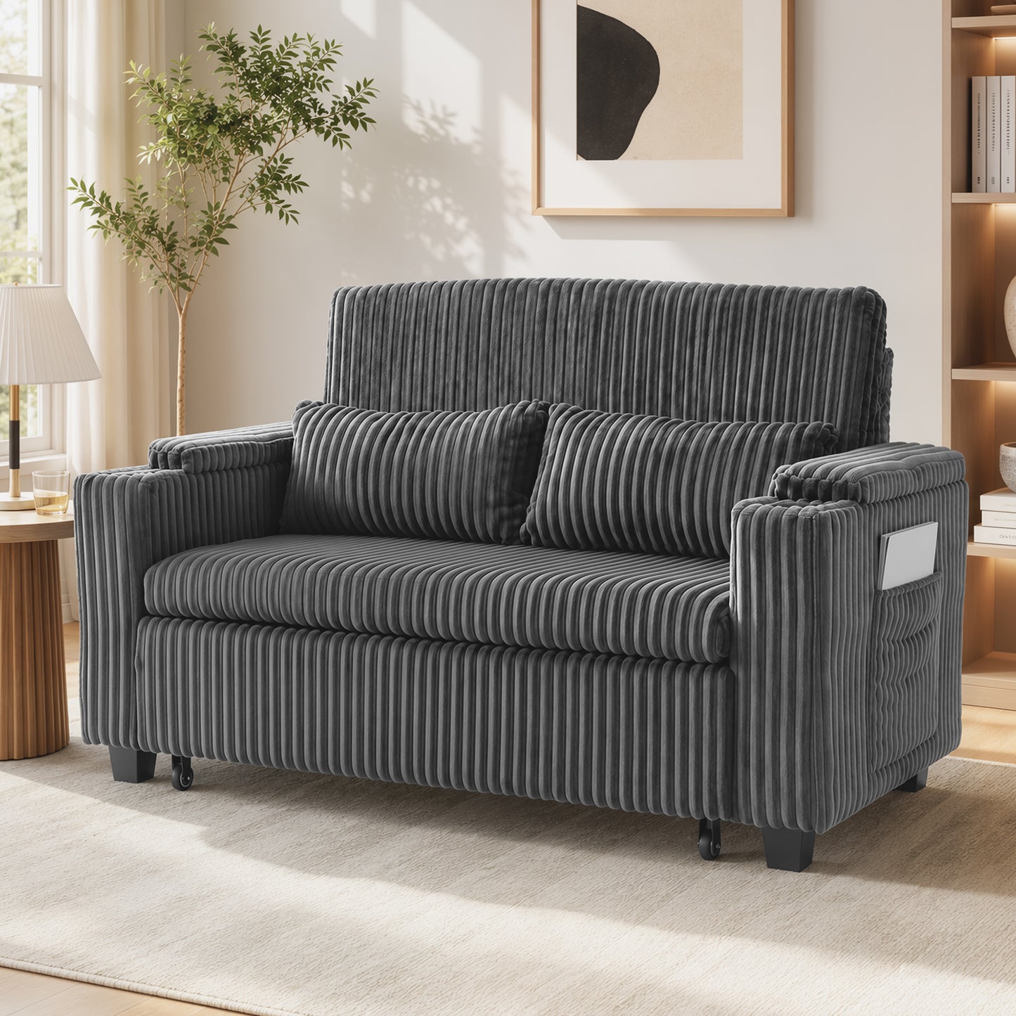 2 Seater Sofa Bed, 3-in-1 Corduroy Pull Out Sleeper Sofa, Dark Grey