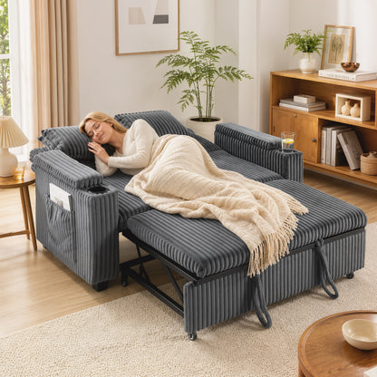 2 Seater Sofa Bed, 3-in-1 Corduroy Pull Out Sleeper Sofa, Dark Grey