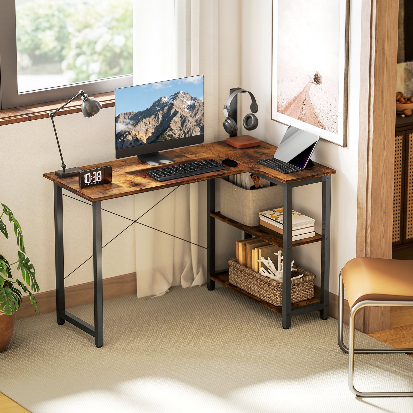 L-Shaped Computer Desk Study Workstation with 2 Shelves, Steel Frame