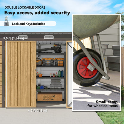 8 x 4FT Metal Garden Storage Shed with Double Doors, Oak