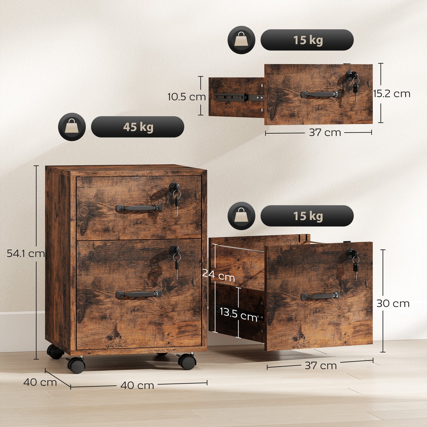 Roll File Cabinet with Drawer, Organiser Letter Size, Rustic Brown