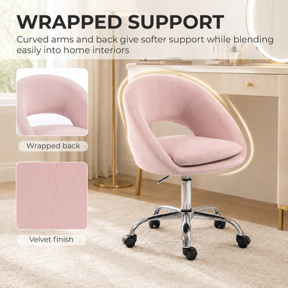 Velvet Desk Chair with Height-Adjustable, Wheels, Pink