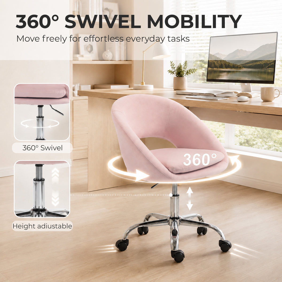 Velvet Desk Chair with Height-Adjustable, Wheels, Pink