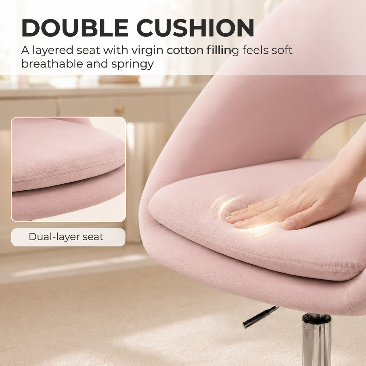 Velvet Desk Chair with Height-Adjustable, Wheels, Pink