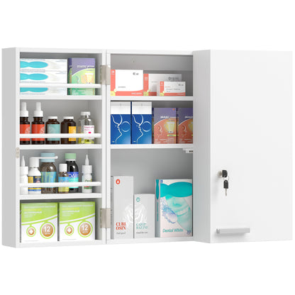 Wall Mount Medicine Cabinet with Key Lock and 2 Doors, White