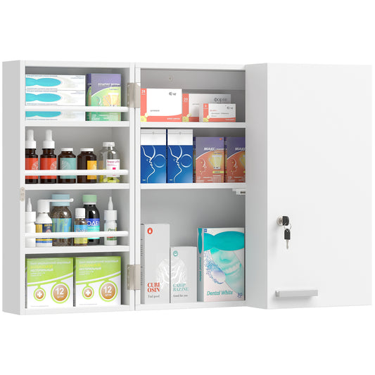 Wall Mount Medicine Cabinet with Key Lock and 2 Doors, White