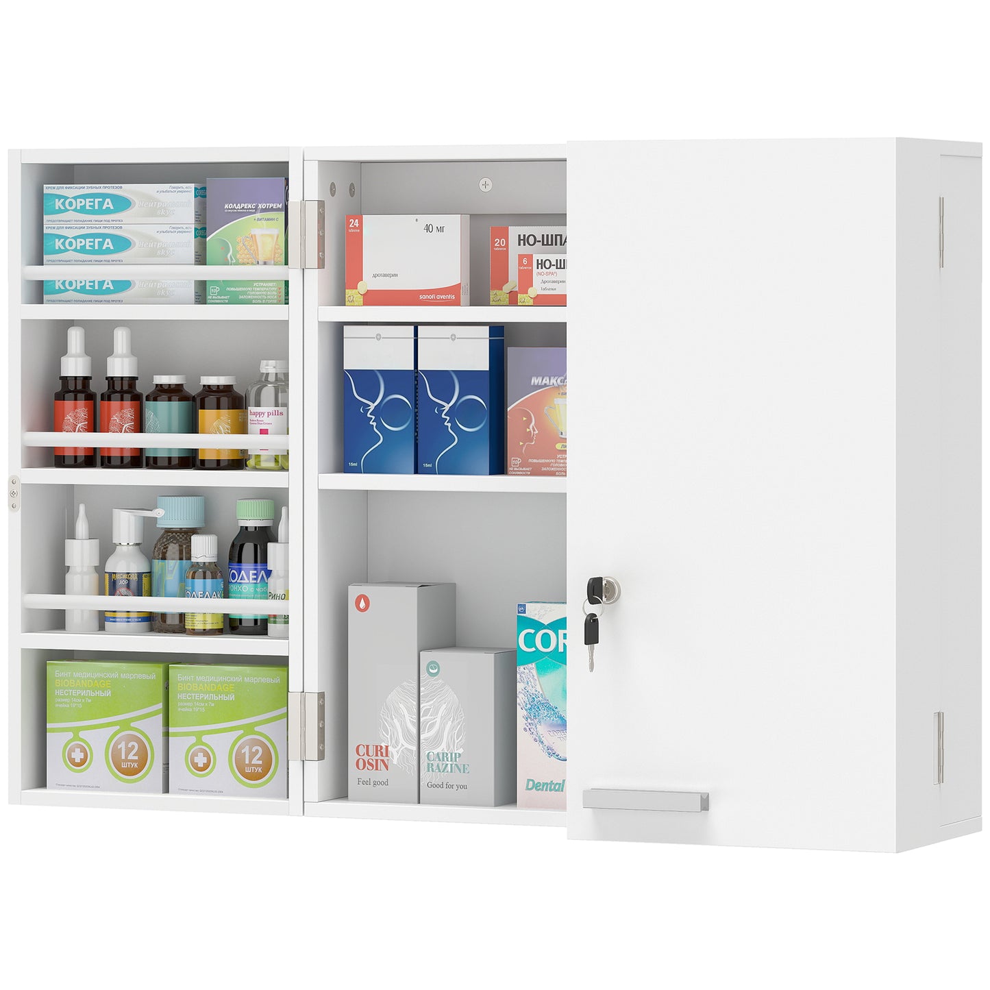 Wall Mount Medicine Cabinet with Key Lock and 2 Doors, White