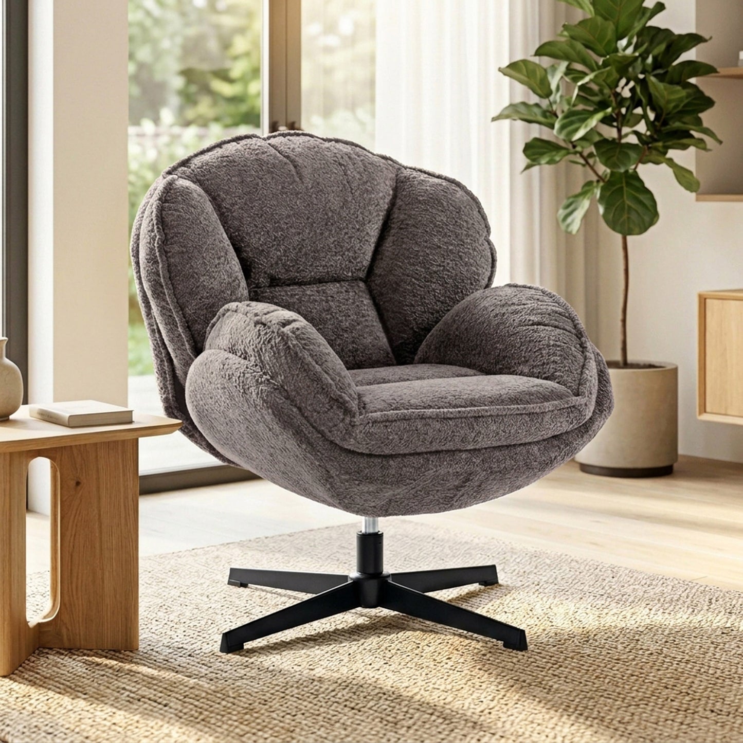 Modern Wingback Accent Chair, Velvet Armchair with Four-Star Base, S-Springs, Swivel, Grey