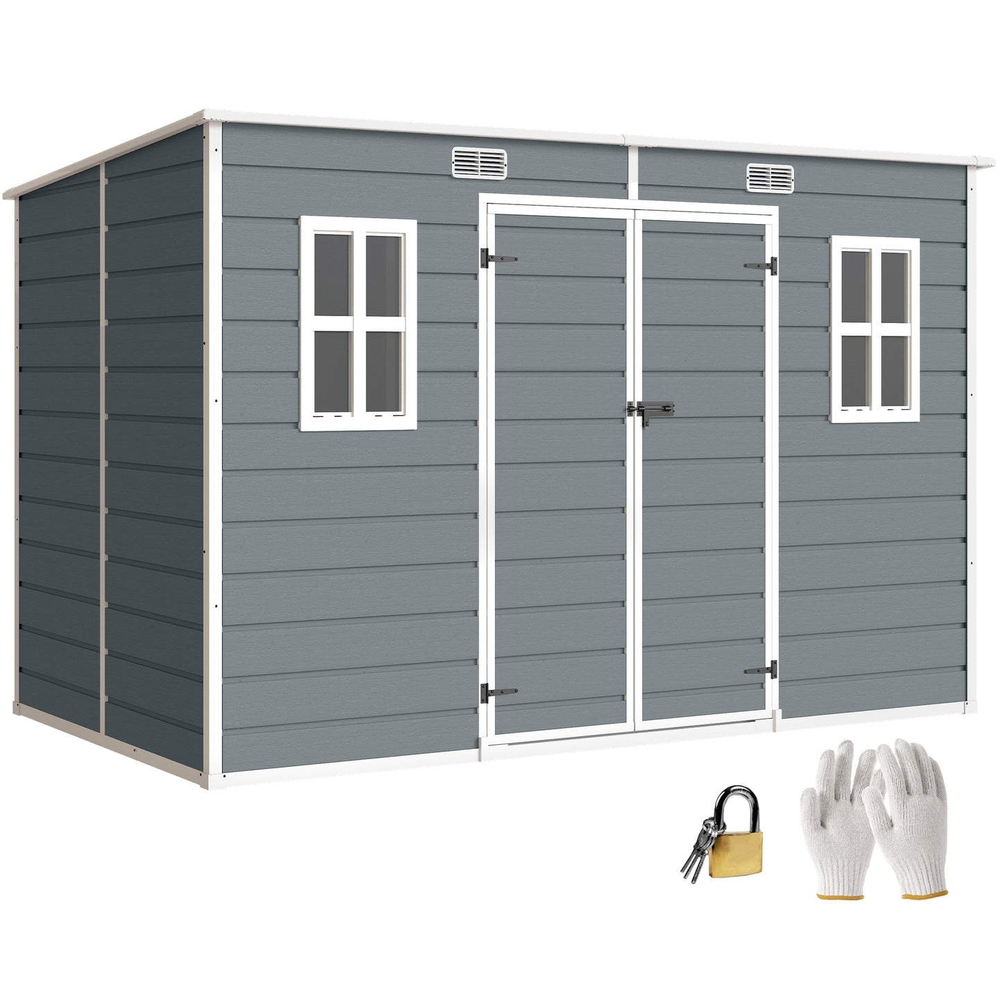 10 x 6 ft Plastic Garden Shed with Floor, Lockable Doors, Grey