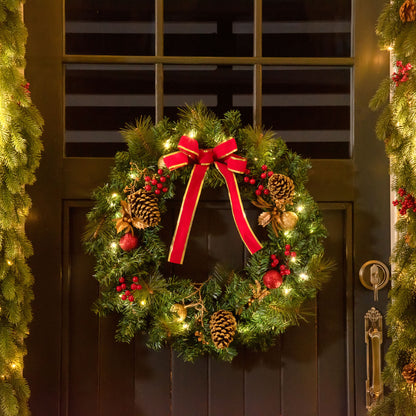 Pre-Lit Artificial Christmas Door Wreath Holly Garland Decor 20 LED