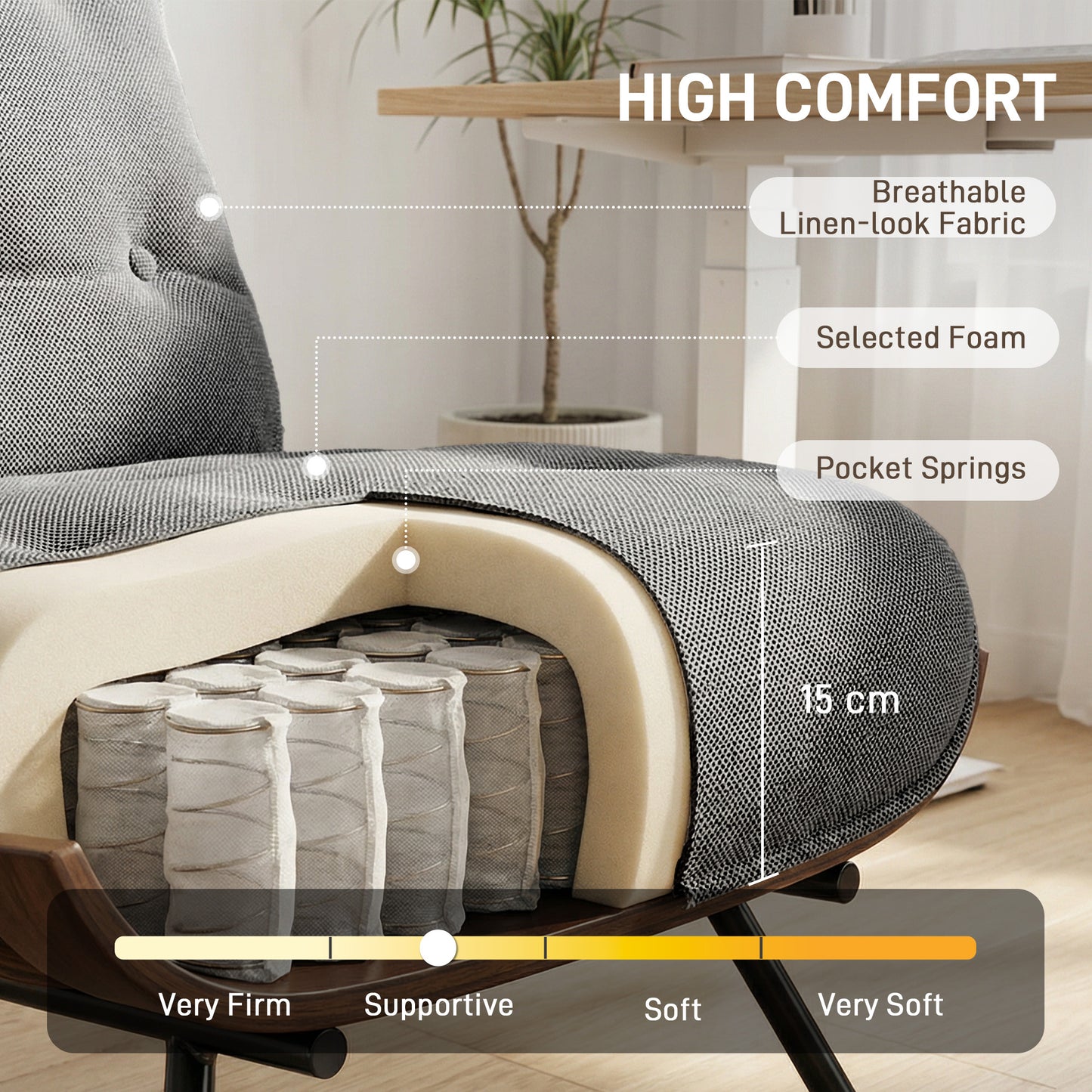 Accent Chair, Reading Chair with Spring Cushion, Dark Grey