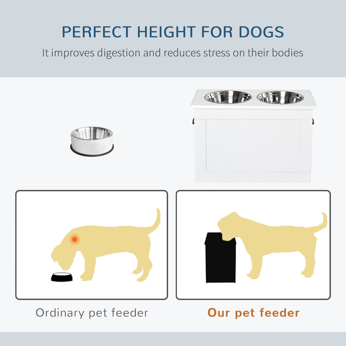 Raised Pet Feeding Storage Station with 2 Stainless Steel Bowls Base for Large Dogs and Other Large Pets, White