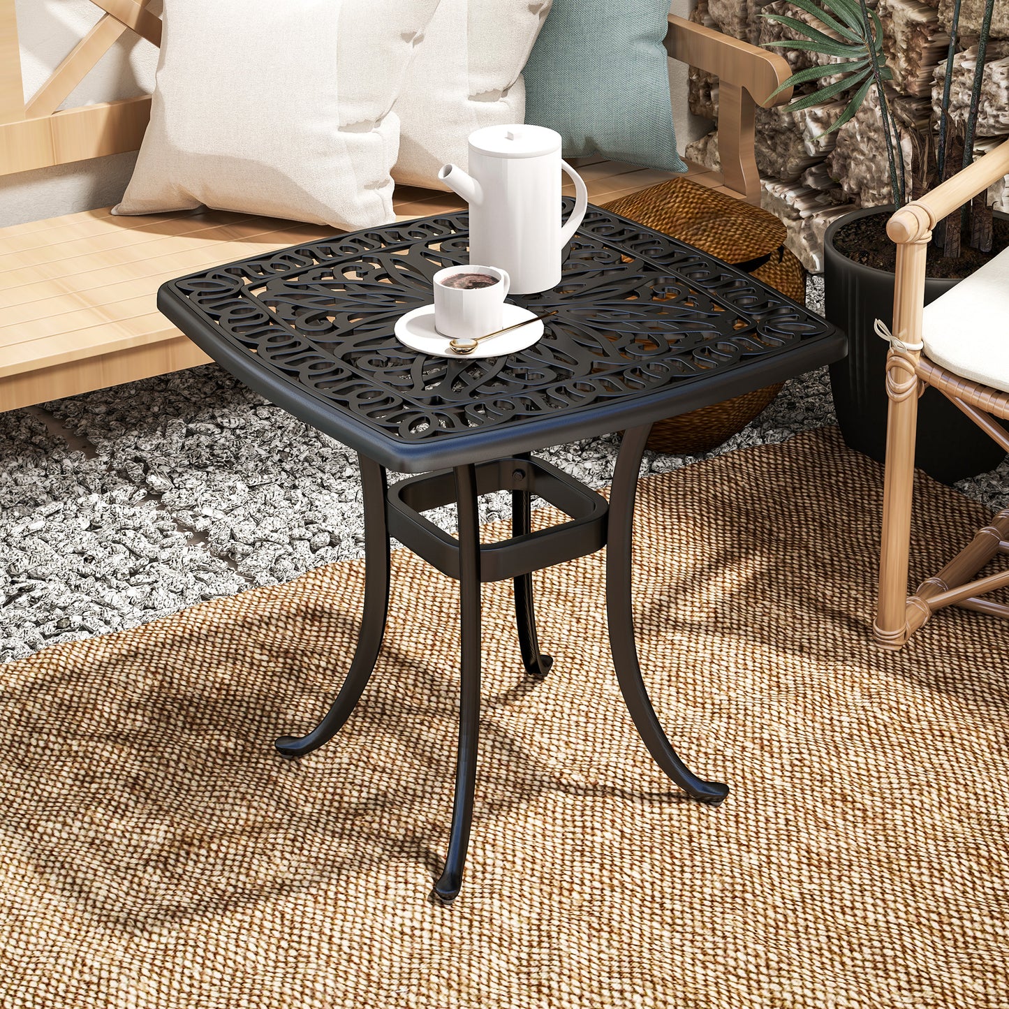 54 x 54cm Aluminium Outdoor Garden Side Table w/ Umbrella Hole, Black