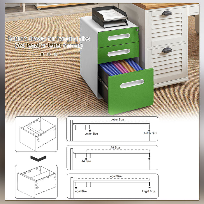 Vinsetto 3 Drawer Modern Steel Filing Cabinet w/ 4 Wheels Lock Box Green