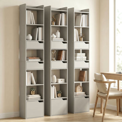 Bookcase with Drawers and Cabinet, 5-Tier Bookshelf, Narrow Tall Storage Cabinet with Anti-Tip for Living Room, Study, Home Office, Grey