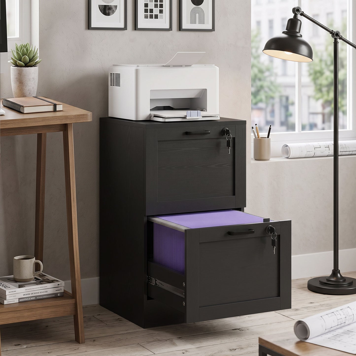 2-Drawer File Cabinet, Lockable Filing Cabinet for A4 Letter, Black