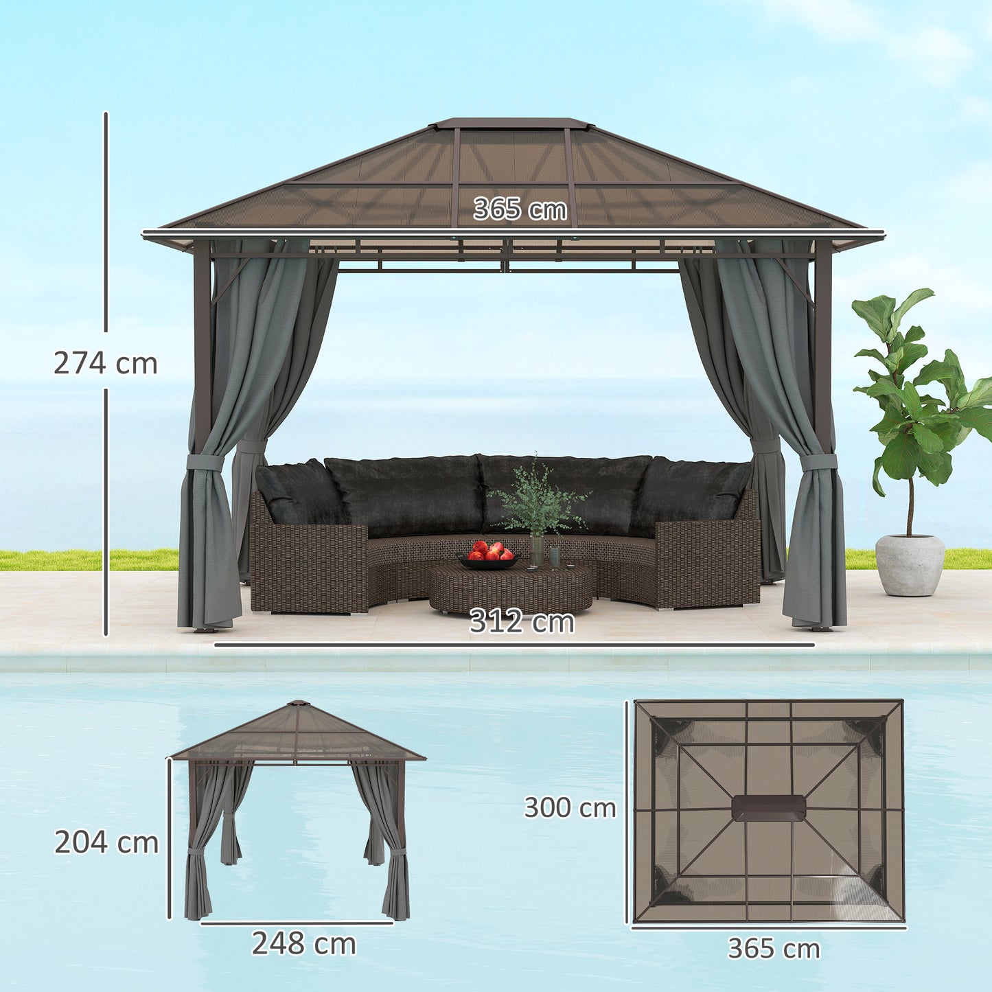 3.6x3(m) Hardtop Gazebo Garden Pavilion w/ Polycarbonate Roof, Grey