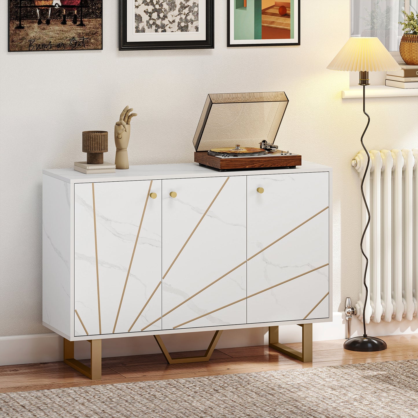 Sideboard Storage Cupboard with Metal Legs for Living Room, White