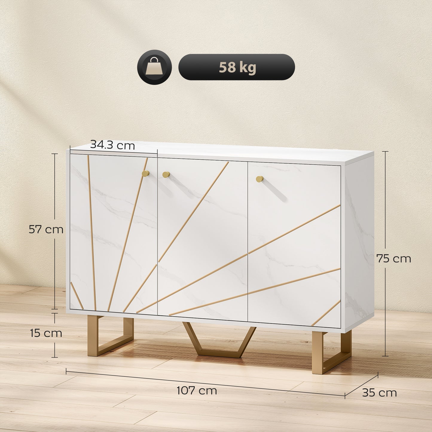 Sideboard Storage Cupboard with Metal Legs for Living Room, White