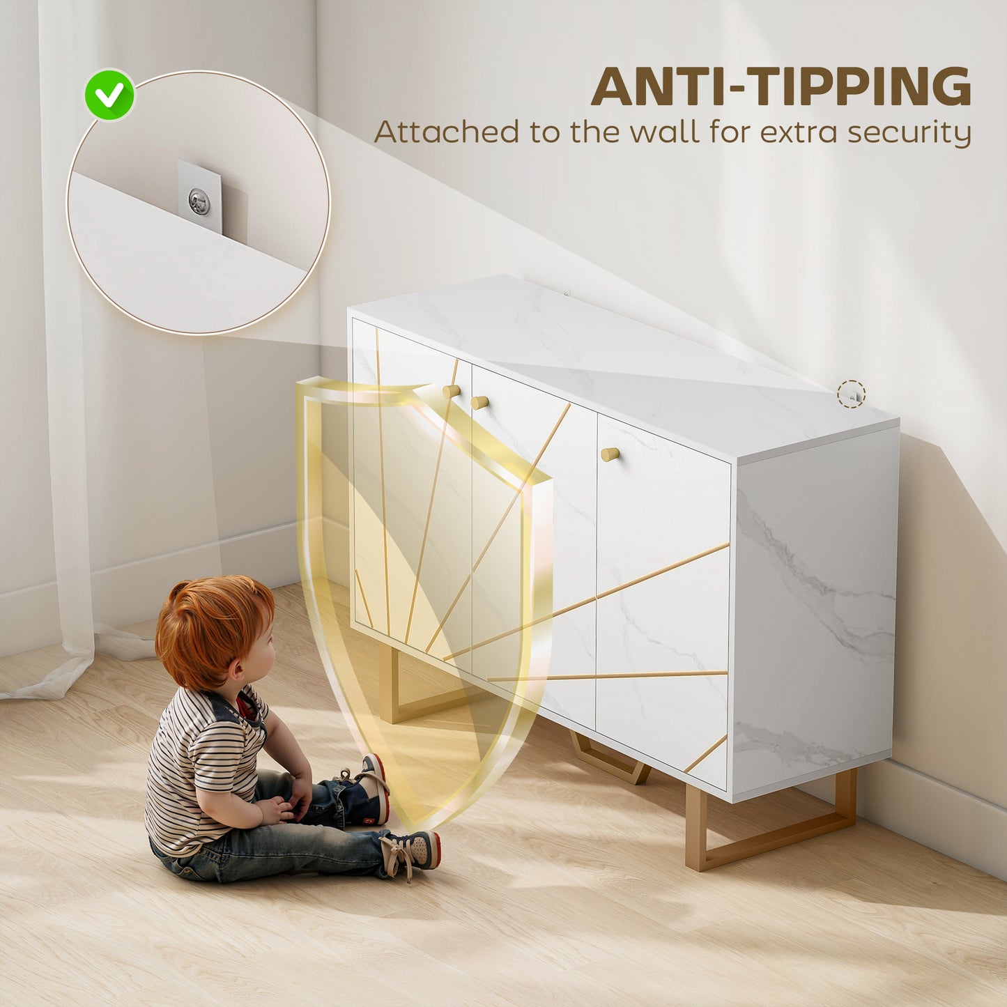 Sideboard Storage Cupboard with Metal Legs for Living Room, White