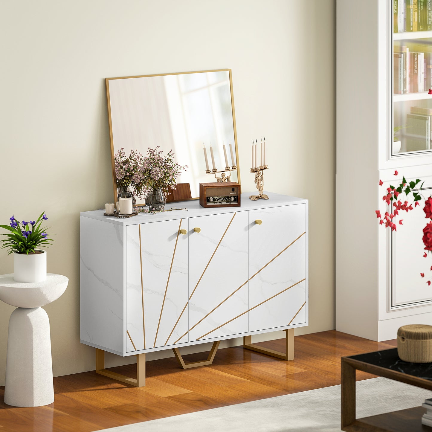 Sideboard Storage Cupboard with Metal Legs for Living Room, White