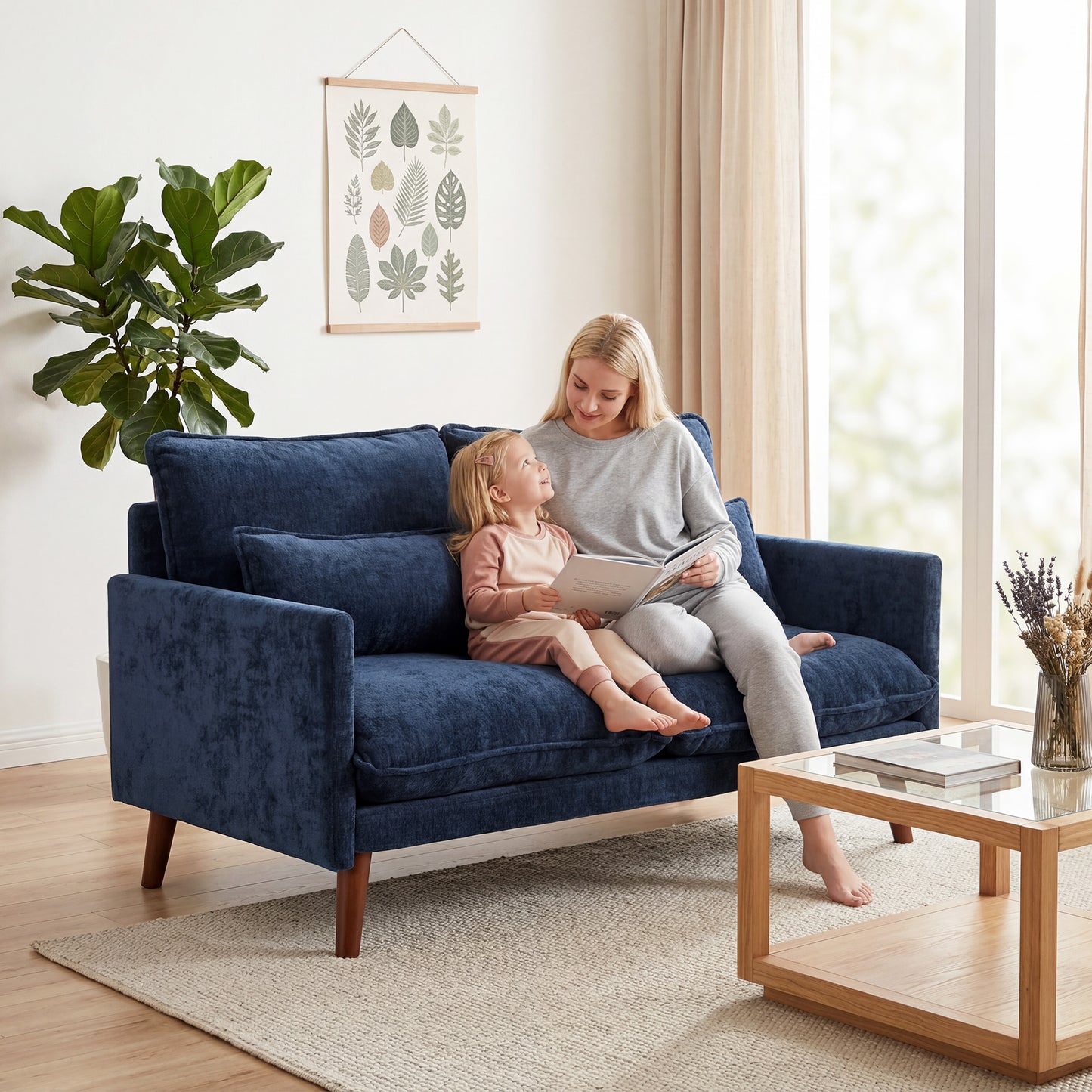 2 Seater Sofa, 131cm Velvet-Feel Fabric Loveseat Sofa with Spring Cushions, Wide and Deep Seat, Wood Legs, 2 Pillows, Modern Couch Settee for Small Space, Living Room, Bedroom, Office, Blue