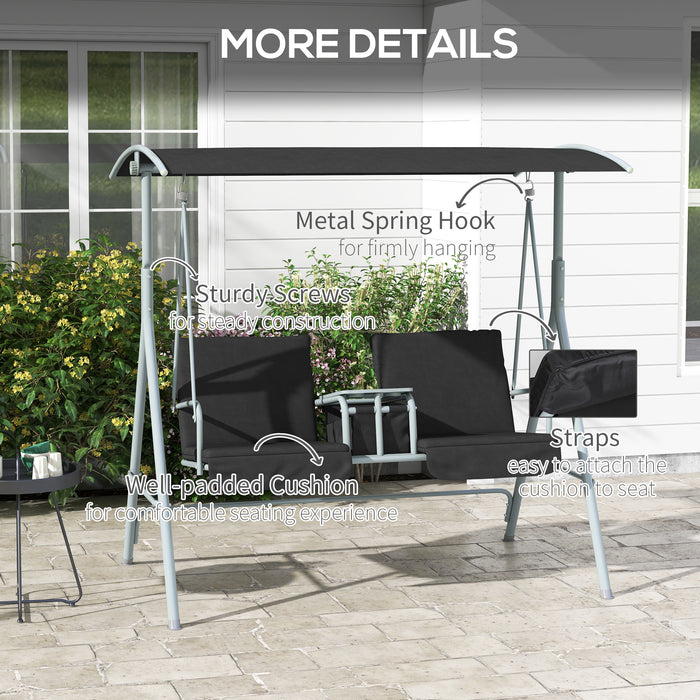 2 Seater Garden Swing Chair Patio Rocking Bench w/ Tilting Canopy, Double Padded Seats, Storage Bag and Tray, Black