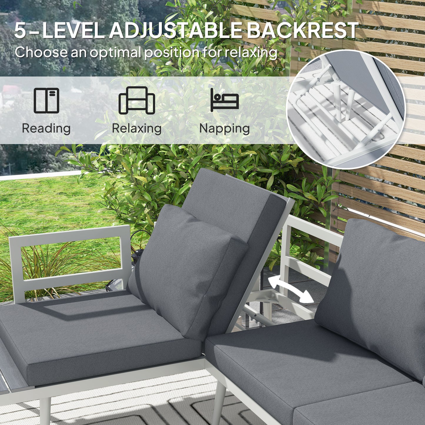 3 Piece Garden Furniture Set with 5-Level Adjustable Lounger, Grey