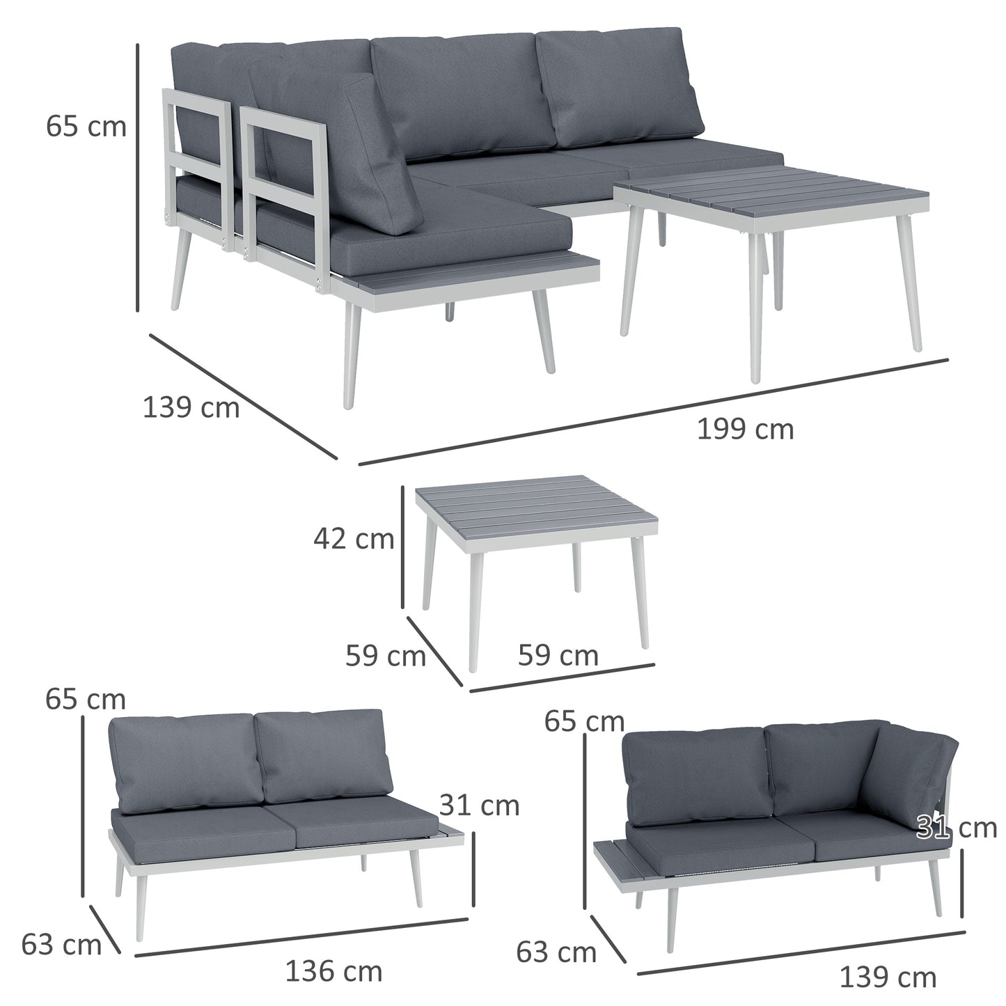 3 Piece Garden Furniture Set with 5-Level Adjustable Lounger, Grey