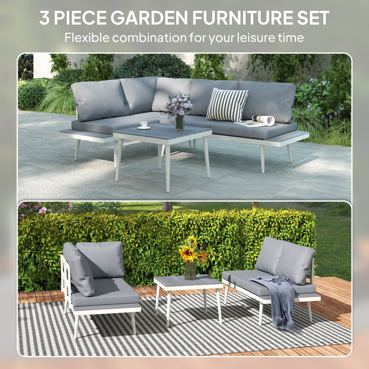 3 Piece Garden Furniture Set with 5-Level Adjustable Lounger, Grey