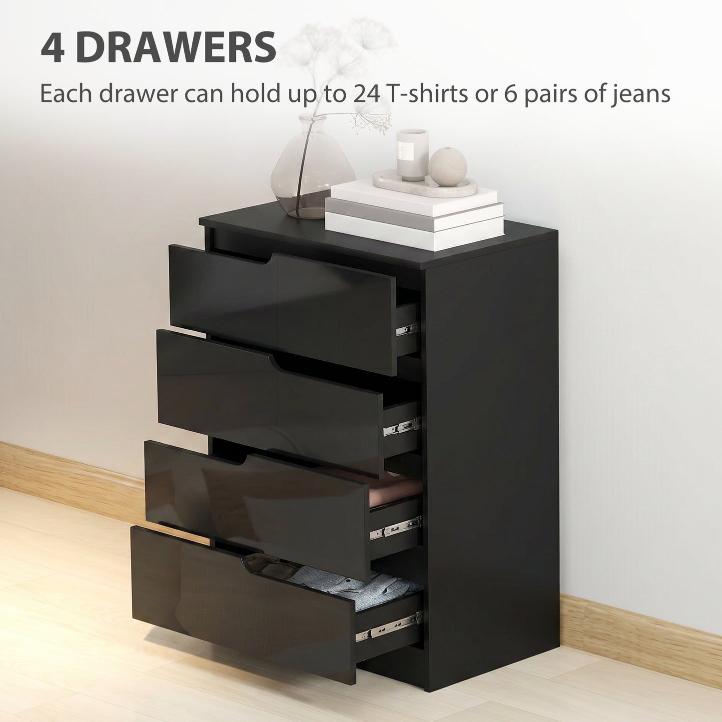 Modern Dresser with 4 Drawers, Chest of Drawers for Bedroom, Living Room, 60 x 40 x 85cm, High Gloss Black