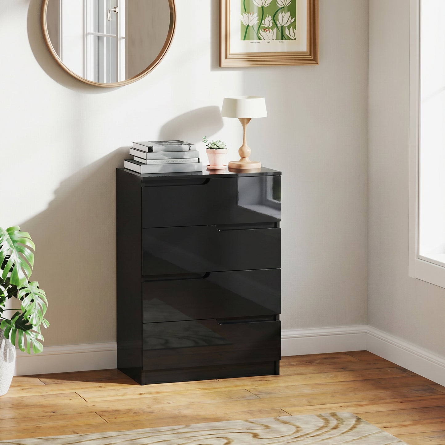 Modern Dresser with 4 Drawers, Chest of Drawers for Bedroom, Living Room, 60 x 40 x 85cm, High Gloss Black