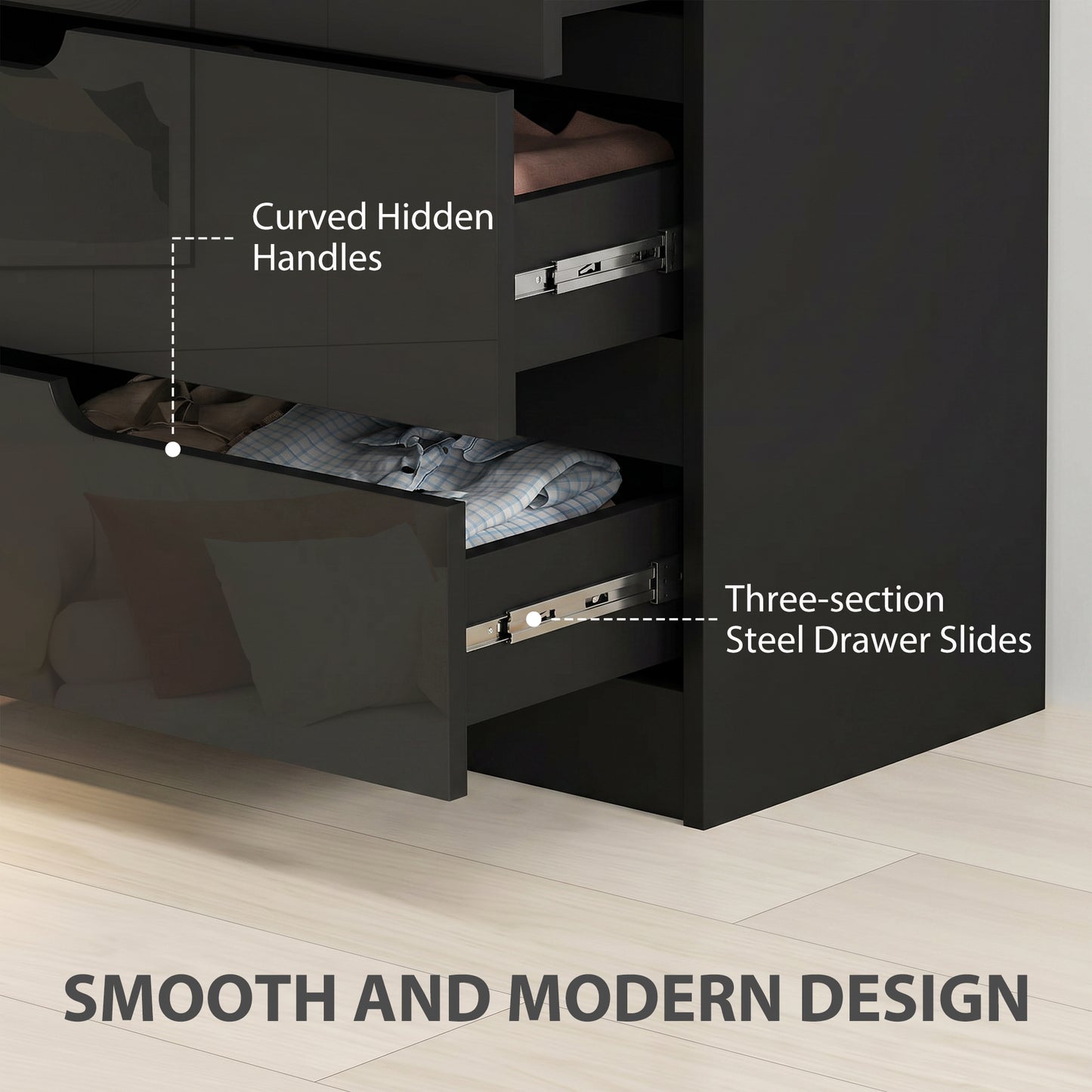 Modern Dresser with 4 Drawers, Chest of Drawers for Bedroom, Living Room, 60 x 40 x 85cm, High Gloss Black