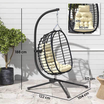 Rattan Hanging Egg Chair w/ Stand, Cushion, Headrest, Cream White