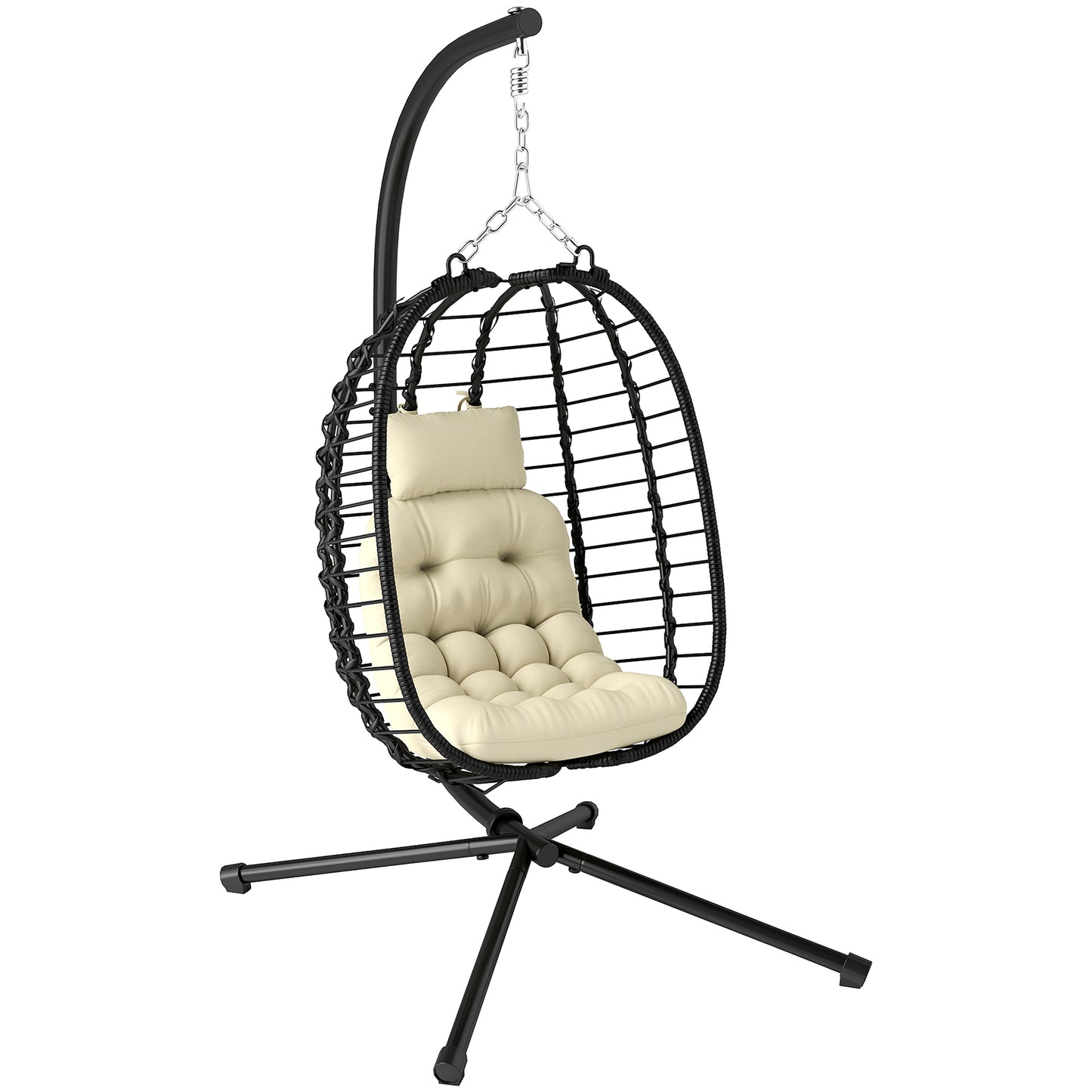 Rattan Hanging Egg Chair w/ Stand, Cushion, Headrest, Cream White