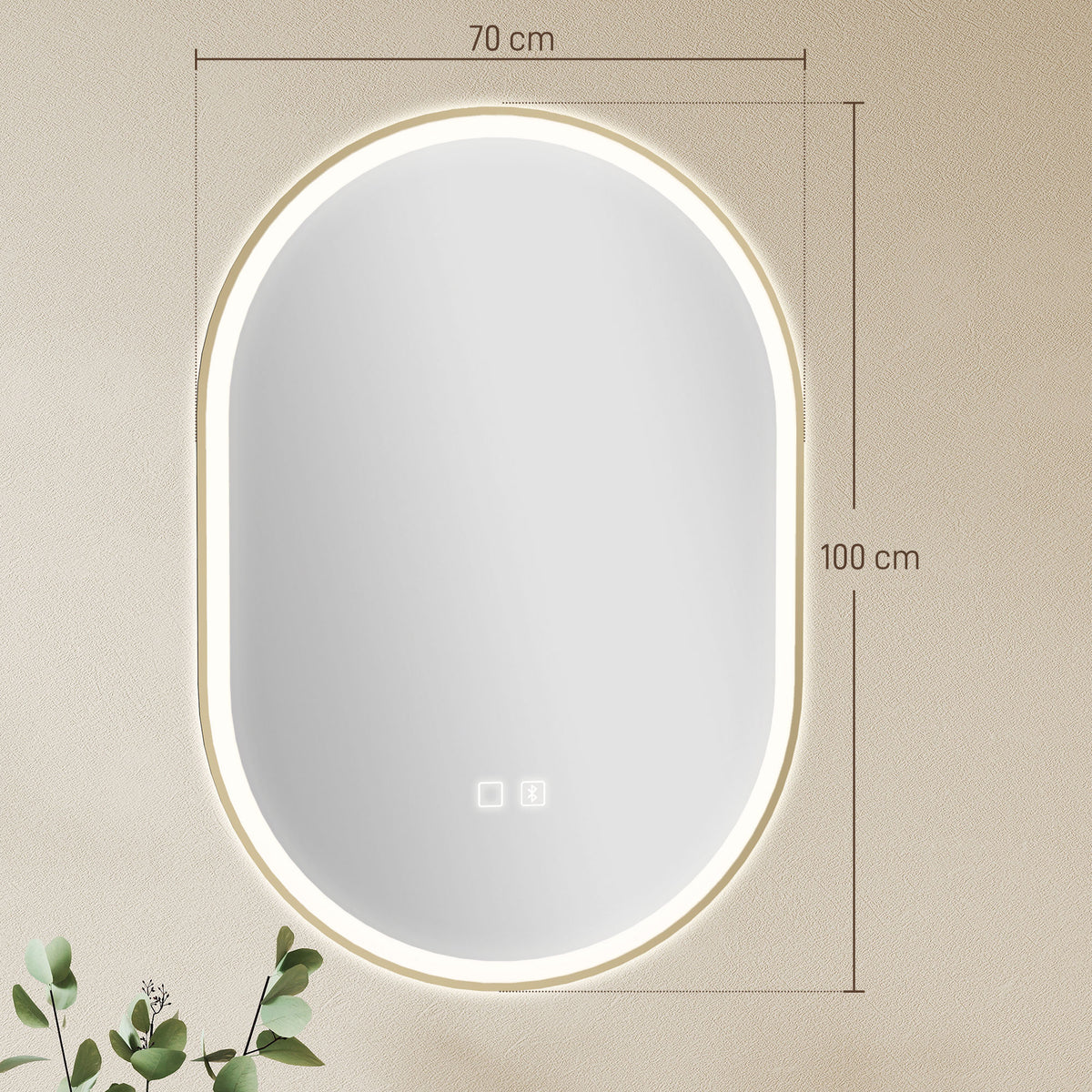 100 x 70cm Oval LED Bathroom Mirror with Bluetooth Speaker and Demister - Gold Tone
