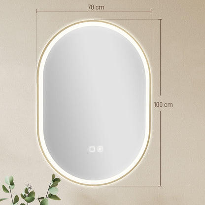 100 x 70cm Oval LED Bathroom Mirror with Bluetooth Speaker and Demister - Gold Tone